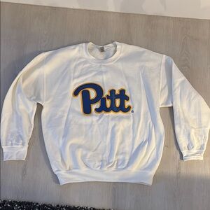 Like New White Crewneck Pitt Sweatshirt with Blue & Gold Embroidered Script